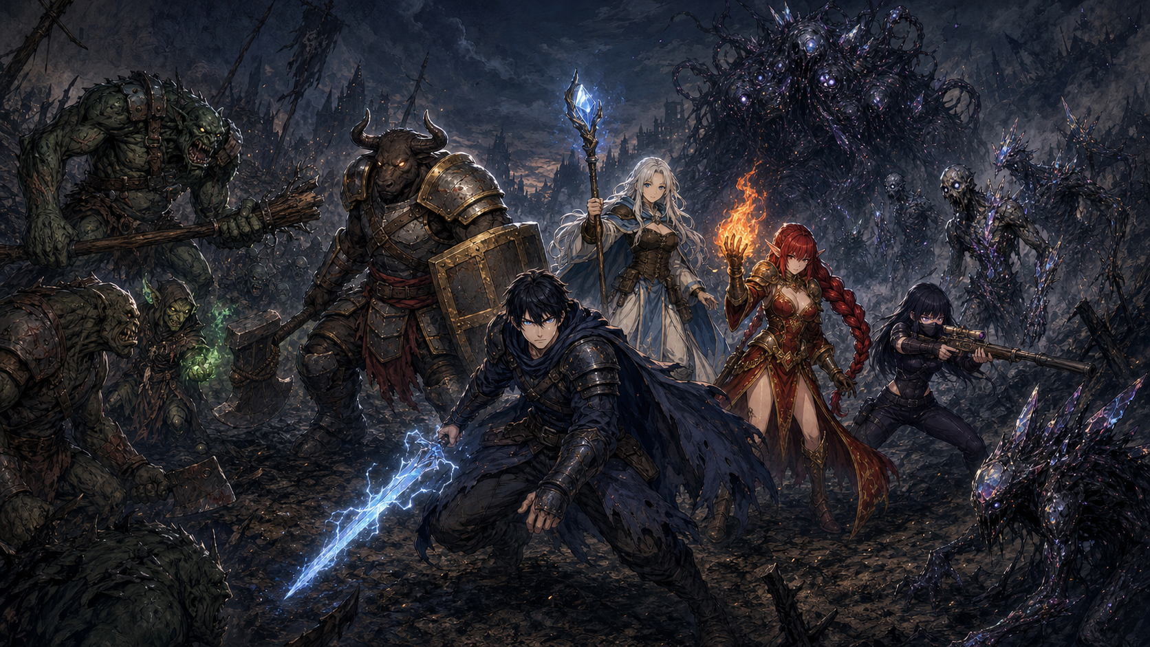 Jason, Brakkus, Anya, Kuri, and Serina encircled by raiders and the Hollowed