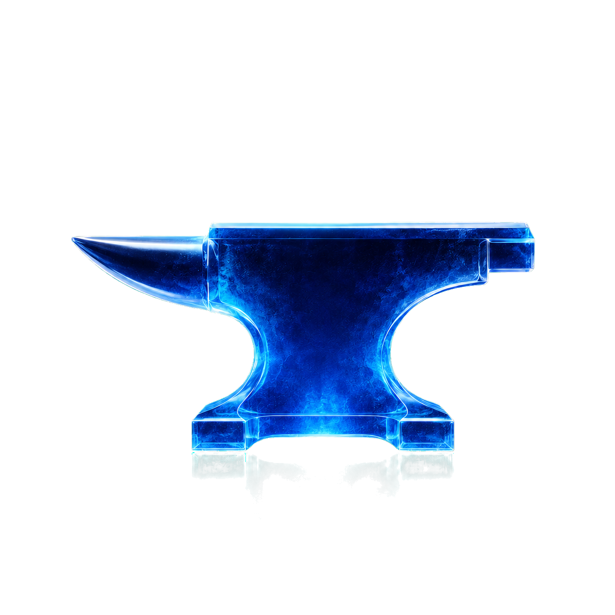 A luminous blue glass anvil with its reflection